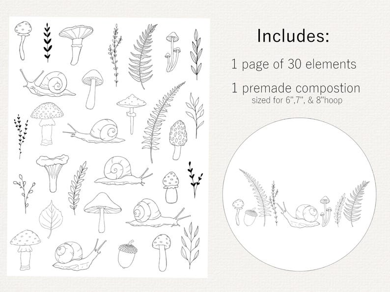 Op de afbeelding: Zwart-wit illustraties van paddenstoelen, slakken, bladeren en varens. De afbeelding bevat de tekst "Includes: 1 pagina met 30 elementen, 1 kant-en-klare compositie voor 6", 7" en 8" hoepel."