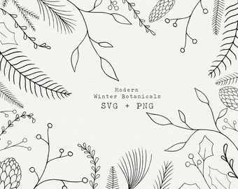 Modern Christmas Botanical SVG, Winter Line Art Clipart, Cut File For Cricut, Hand Drawn Holiday Design Elements, Commercial Use, Download
