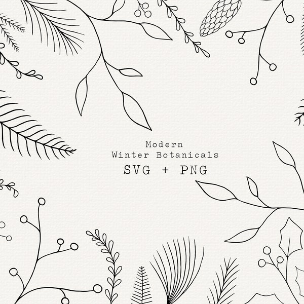 Moderne kerst botanische SVG, Winter Line Art Clipart, gesneden bestand voor Cricut, met de hand getekende vakantie ontwerpelementen, commercieel gebruik, downloaden