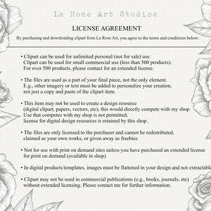 May include: Black and white line art illustration of roses with text that reads "La Rose Art Studios" and "License Agreement". The text outlines the terms and conditions for using clipart purchased from La Rose Art.
