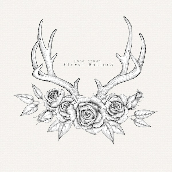 Boho Floral Antlers Clipart, Antlers and Flowers PNG for Wedding Invitation, Rustic Deer Clipart Line Art, DIY Invite, Bohemian Woodland