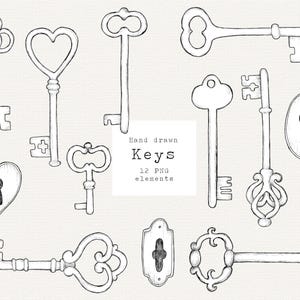 Vintage Key Clip Art, Hand Drawn Keys Clipart, Line Art, Heart Key, Skeleton Key, Magic Key, Antique Keys Illustration, Victorian Steampunk