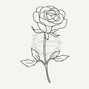 May include: Line drawing of a single rose with a stem and leaves. The rose is in full bloom and has multiple layers of petals. The text "La Rose Art Apparel" is visible in the background.