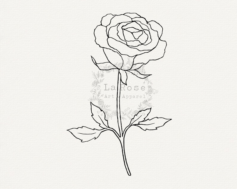 May include: Line drawing of a single rose with a stem and leaves. The rose is in full bloom and has multiple layers of petals. The text "La Rose Art Apparel" is visible in the background.