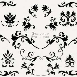 May include: A set of 16 black and white vector illustrations of baroque style floral designs. The designs are intricate and detailed, and they would be perfect for use in scrapbooking, card making, or other craft projects.