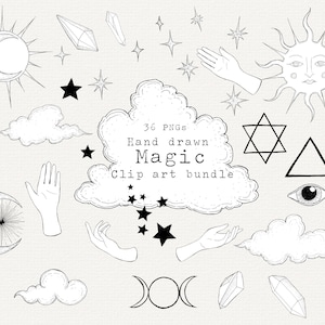 Könnte beinhalten: Ein Set mit 36 handgezeichneten Schwarzweißillustrationen von magischen Elementen, darunter Sterne, Kristalle, Wolken, Hände, Monde, Sonnen und geometrische Formen. Der Text "36 PNGs Hand drawn Magic Clip art bundle" ist im Bild enthalten.