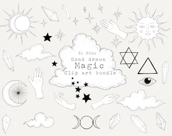 May include: A set of 36 hand-drawn black and white illustrations of magical elements, including stars, crystals, clouds, hands, moons, suns, and geometric shapes. The text "36 PNGs Hand drawn Magic Clip art bundle" is included in the image.