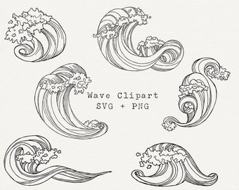 Wave SVG, Ocean Clipart, Wave Line Art Digital Download, Hand Drawn Waves, Ocean Waves SVG for Cricut, Diecut, Silhouette, Black and White