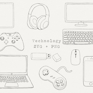 Pacote SVG de tecnologia, smartphone, laptop, videogame, arquivo de corte de contorno simples para Cricut, design gráfico, ilustração de tecnologia desenhada à mão