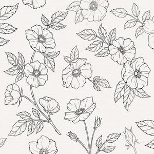 Pu&ograve; includere: Un disegno in bianco e nero di un motivo floreale con rose e foglie delicate. Il design si ripete su tutta l'immagine, creando un motivo senza cuciture.