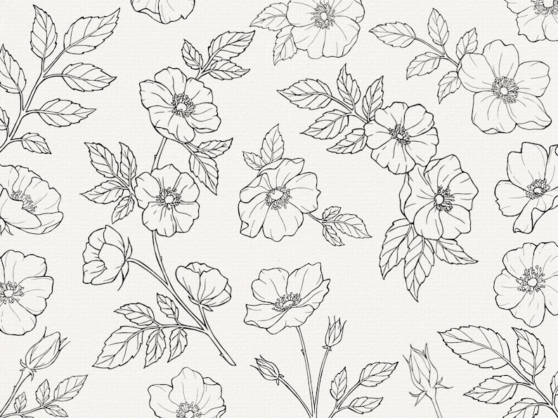 Pu&ograve; includere: Un disegno in bianco e nero di un motivo floreale con rose e foglie delicate. Il design si ripete su tutta l'immagine, creando un motivo senza cuciture.