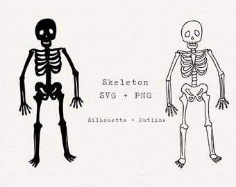 Skeleton SVG, Skeleton Silhouette Clip Art, Skeleton Line Art, Hand Drawn Skeleton PNG, Cut File, Cricut, Halloween Stencil, Black & White