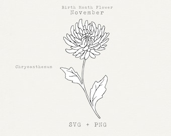 Chrysanthemum SVG, Chrysanthemum Flower Hand Drawn Clipart, November Birth Month Flower, Birthday Flower, Cricut Cut File, Floral Line Art