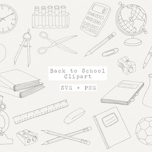 新学期の SVG、学校用品のクリップアート、事務用品、教師、本、鉛筆、STEM グラフィックス、科学線画、Cricut 用カット ファイル