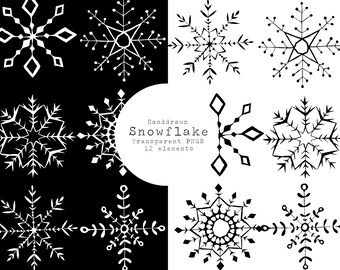Copos de nieve dibujados a mano PNG transparentes - 12 elementos gráficos invernales (descarga digital)