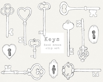 Vintage Key Clip Art, Hand Drawn Keys Clipart, Line Art, Heart Key, Skeleton Key, Magic Key, Antique Keys Illustration, Victorian Steampunk