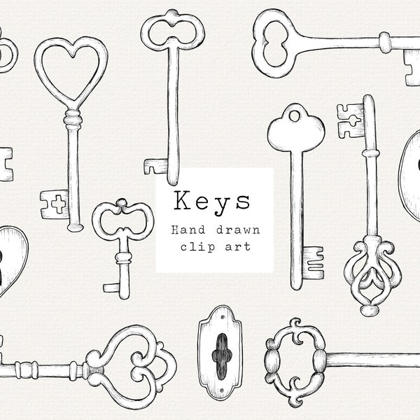 Vintage Key Clip Art, Hand Drawn Keys Clipart, Line Art, Heart Key, Skeleton Key, Magic Key, Antique Keys Illustration, Victorian Steampunk