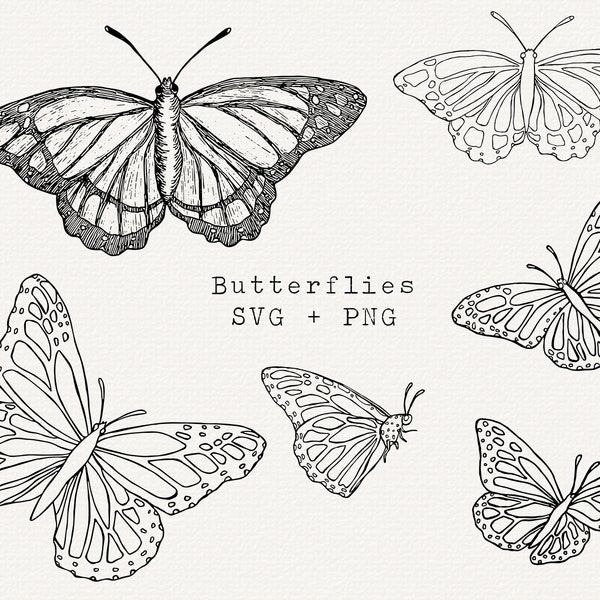 Papillon SVG, illustration vectorielle de papillons, lot de cliparts papillon monarque, noir et blanc, contour simple, dessin au trait pour Cricut