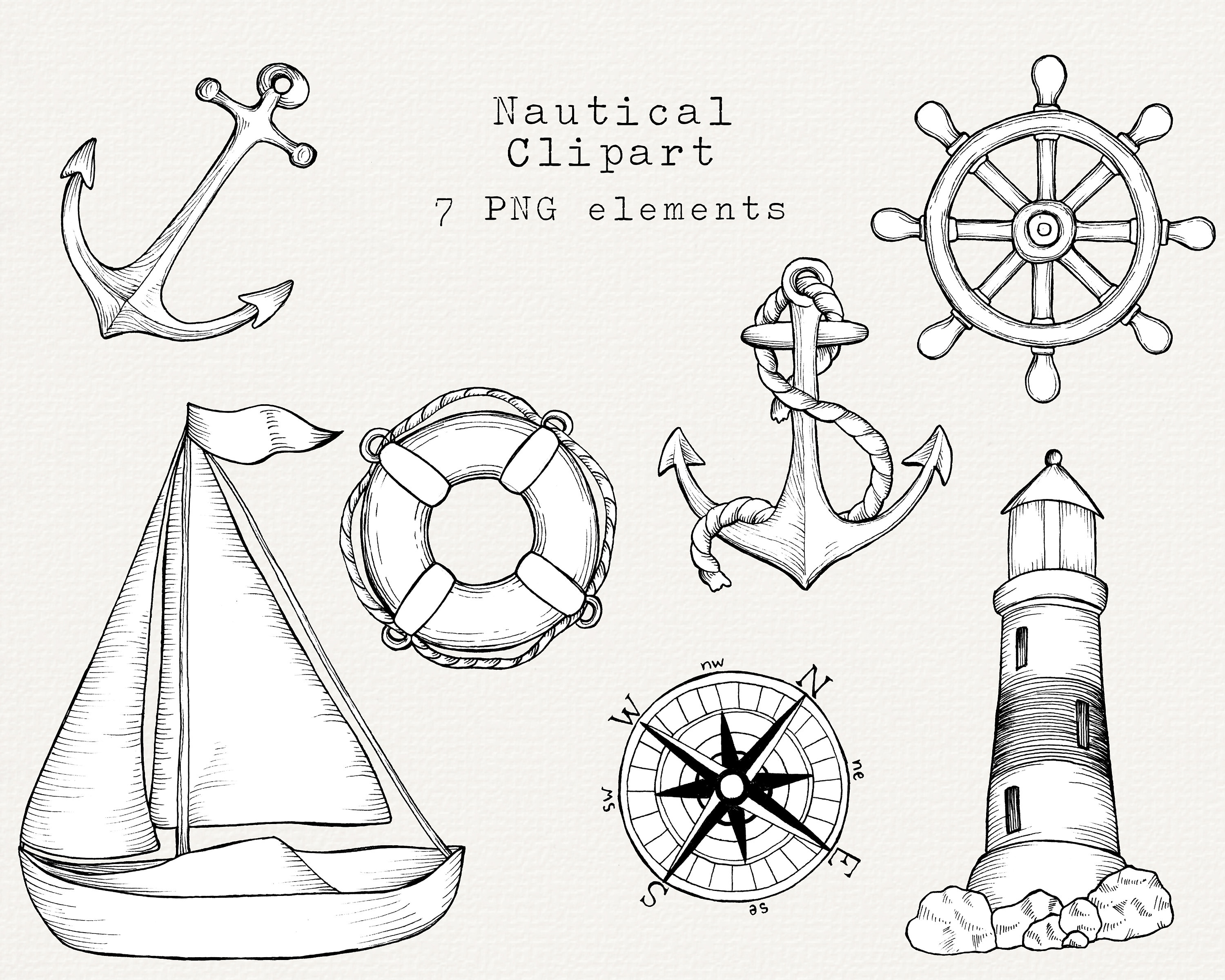 Nautical Clipart, Anchor Line Art PNG, Lighthouse, Sea Clipart