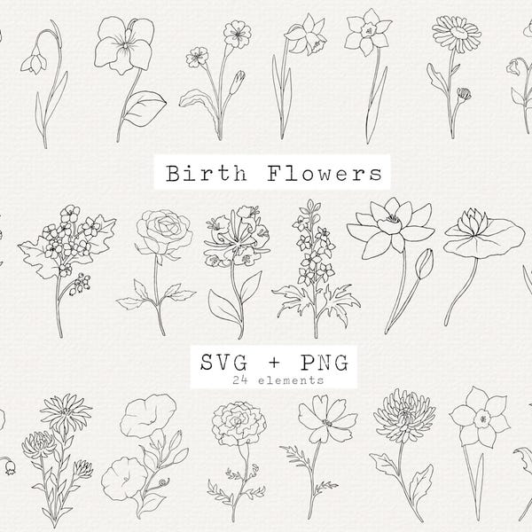 Birth Month Flower SVG Clipart Bundle, Hand Drawn Floral Designs (SVG + PNG)