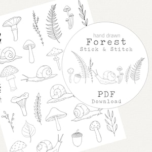 Peut inclure: Illustration en noir et blanc d'éléments de la forêt, dont des champignons, des escargots, des fougères et des feuilles. Le texte "hand drawn Forest Stick & Stitch" et "PDF Download" est inclus. Idéal pour les projets de bricolage.
