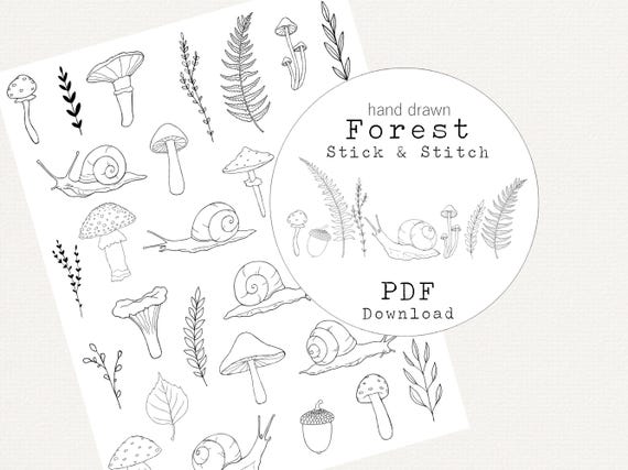 Forest Snails and Mushrooms Embroidery Pattern, Stick and Stitch Art (PDF