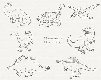 Dinosaur SVG Bundle, Dinosaur Vector Clipart, Dinosaur Coloring Page, Dinosaur Cut File for Cricut, T Rex, Line Art, Simple Outline, PNG