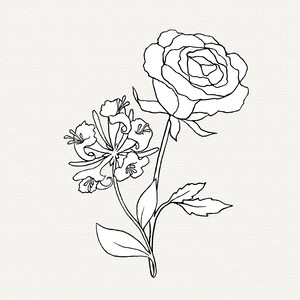 May include: A black and white line drawing of a rose and a honeysuckle flower.