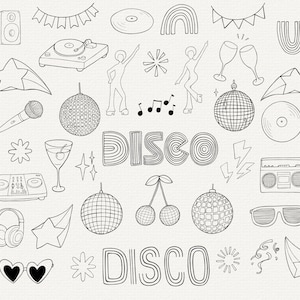 Pacote Disco SVG, Disco Party Doodle Vector Clip Art, Ícone de Arte de Linha Disco, Arquivo Cricut Cut, Desenho de Contorno Simples, Para Uso Comercial