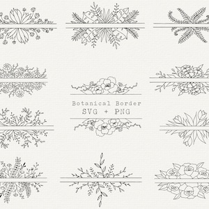 Botanical Border SVG Bundle, Split Floral Frame SVG, Decorative Greenery for Logo, Cut File for Cricut, Tropical Border, Hand Drawn Line Art