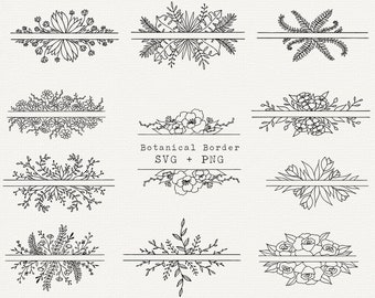 Botanical Border SVG Bundle, Split Floral Frame SVG, Decorative Greenery for Logo, Cut File for Cricut, Tropical Border, Hand Drawn Line Art