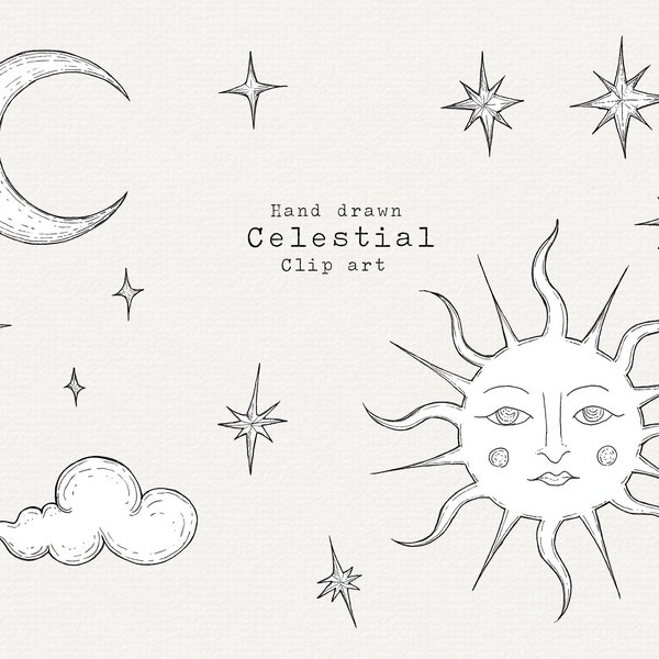 Clipart céleste, soleil, lunes, étoiles PNG pour un usage commercial, clipart céleste dessiné à la main, dessin au trait fin, clipart magique noir et blanc