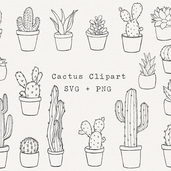 Cactus SVG Bundle, Cacti and Succulents Clipart, Houseplants, Potted Cactus Outline, Line Art for Cricut, Diecut, Silhouette, Summer Clipart