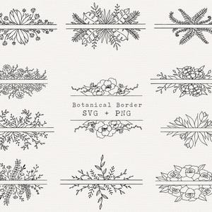 Botanische Grenze SVG Bundle, geteilter Blumenrahmen SVG, dekoratives Grün für Logo, Schnittdatei für Cricut, tropische Grenze, handgezeichnete Linie Kunst