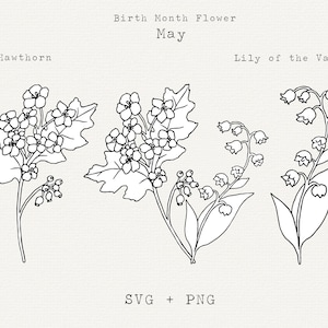 Lily of the Valley SVG, Hawthorn SVG, May Birth Month Flowers, May Birthday Flowers, Cricut Cut File, Floral Line Art Clip Art, Hand Drawn