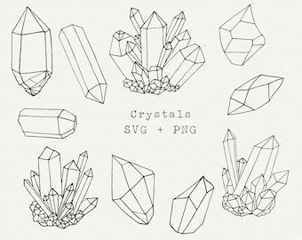 May include: A set of nine black and white line drawings of various crystal shapes. The crystals are drawn in a simple, geometric style. The text "Crystals SVG + PNG" is written below the crystals.