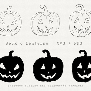 Jack O Lantern SVG, Pumpkin Clip Art, Jack O&#39; Lantern Silhouette, Hand Drawn Line Art, Halloween Cut File for Cricut, Halloween Stencil PNG