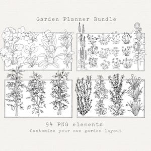 Peut inclure: Dessins au trait en noir et blanc de différentes plantes de jardin, y compris des fleurs, des herbes et des légumes. L'image est divisée en quatre sections, chacune contenant un type de plante différent. Le texte "Garden Planner Bundle" et "94 PNG elements Customize your own garden layout" est inclus dans l'image.