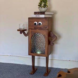 Handmade Wooden Robot Butler Cabinet | Quirky Side Table with Storage | Unique Retro Home Decor.
