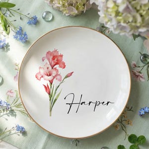 Personalized Brith Flower Ring Dish, Floral Name Jewelry Tray, Bridesmaid Gift, Wedding Keepsake, Vanity Decor