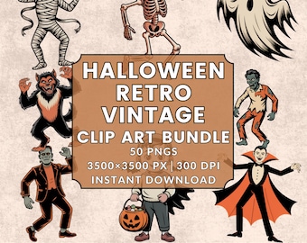 Halloween Retro Vintage Clipart Bundle 50 PNGs | Spooky Witch Cat Pumpkin Ghost Skeleton Art | Transparent PNG 300 DPI