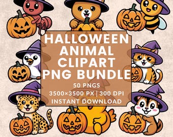 Halloween Animal Clipart Bundle | Cute Witch Hat Animals PNG | 50 Halloween Animals | Digital Download | PNG Files