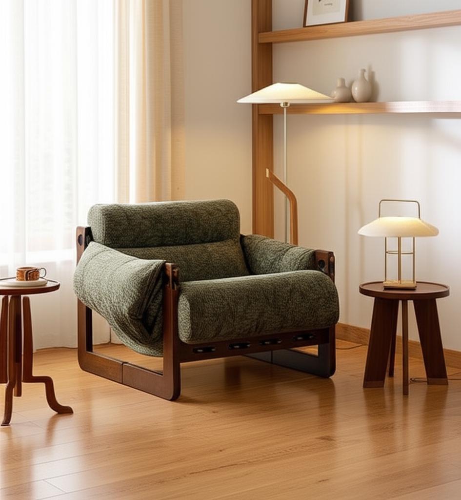 Mid-Century Modern Lounge Chair – Solid Wood Frame, Chenille Upholstery, Japandi Accent Armchair for Living Room