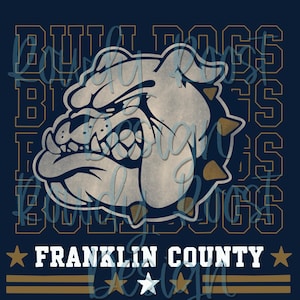 Puede incluir: Un diseño gráfico azul marino con una cabeza de bulldog estilizada con un collar de pinchos. El texto BULLDOGS aparece en contorno dorado detrás del bulldog. Debajo, el texto FRANKLIN COUNTY está centrado entre dos estrellas doradas.