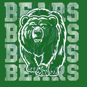 May include: A graphic design featuring a central illustration of a green and white bear head with a snarling expression. The word BEARS is repeated in a blocky, light green font behind the bear, set against a solid dark green background.
