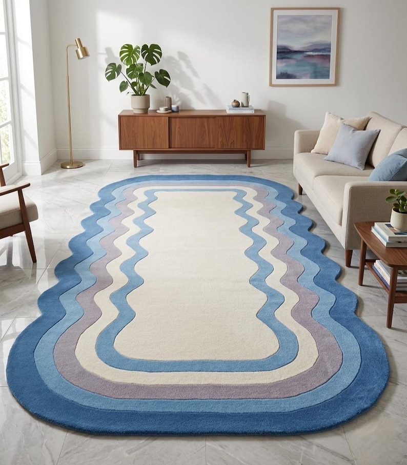 Hand Tufted Ocean Wave Blue & Ivory Shaped Rug - Etsy