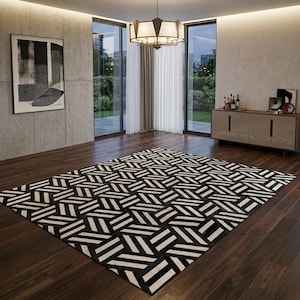 Tapis géométrique moderne monochrome en cuir de vachette - Patchwork noir et blanc à chevrons et chevrons