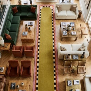 May include: A high-angle view of a living room featuring a long, rectangular rug with a central olive green panel, a black and white checkered border, and a pink scalloped edge. The room includes green and white sofas, orange armchairs, and wooden tables.