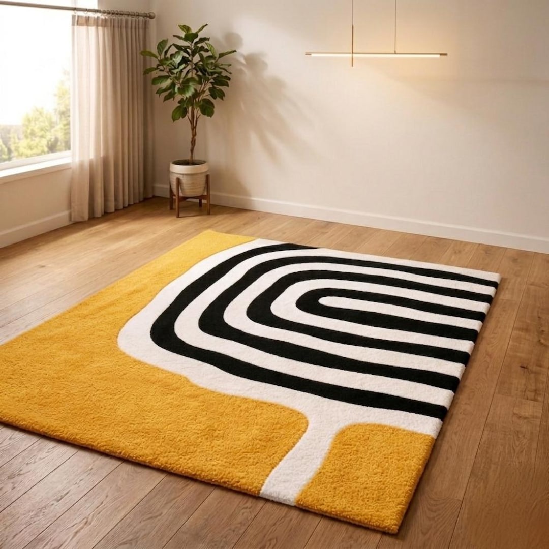 Modern Abstract Yellow & Black Geometric Hand Tufted Rug - Etsy