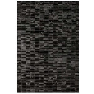 May include: A rectangular area rug constructed from a patchwork of small, rectangular black and dark gray leather tiles. The tiles are arranged in a staggered, brick-like pattern, creating a textured surface with varying shades of dark tones.